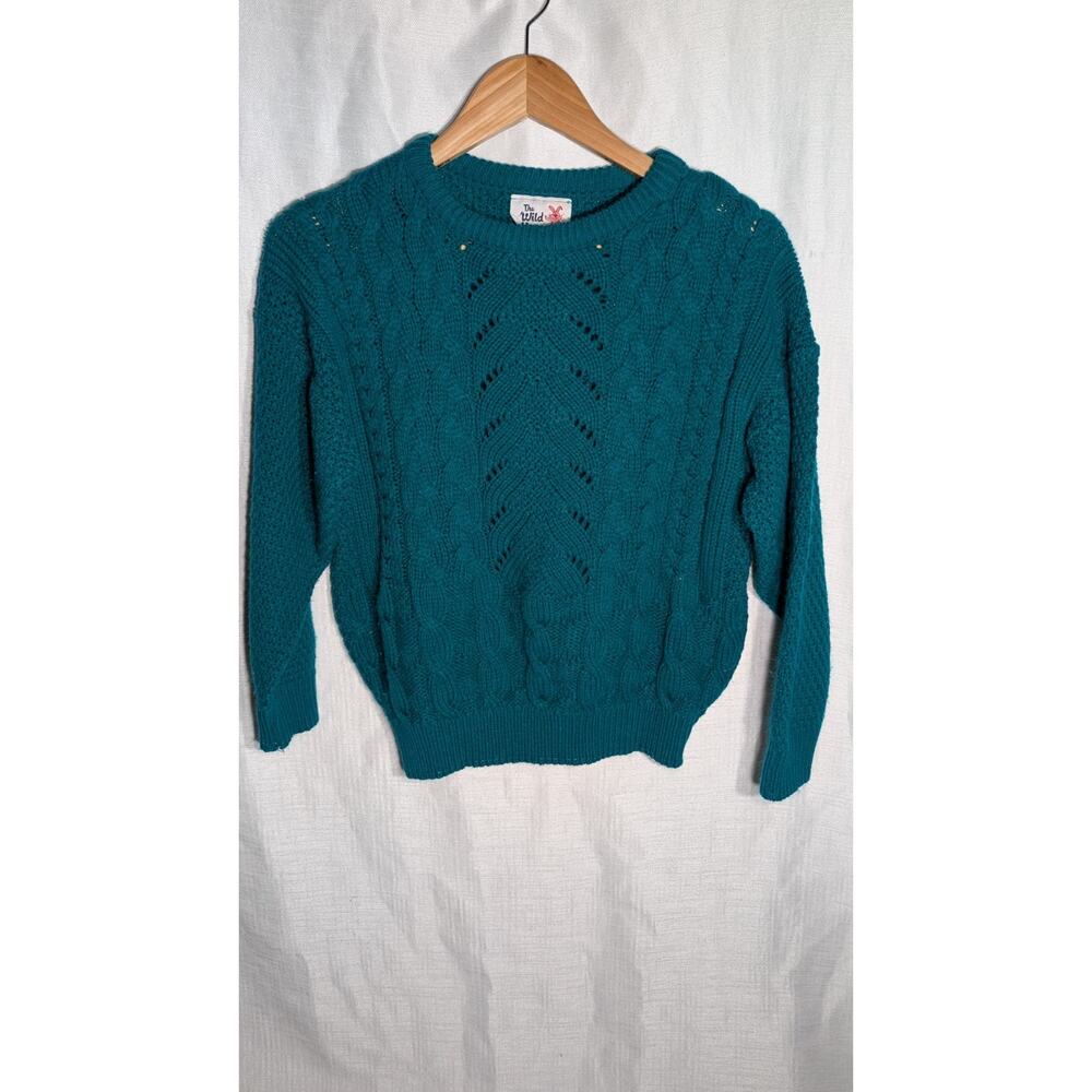 The Wild Hare Womens Vtg Cable Knit Crewneck Sweater‎ Sz XS/S Turquoise 90s